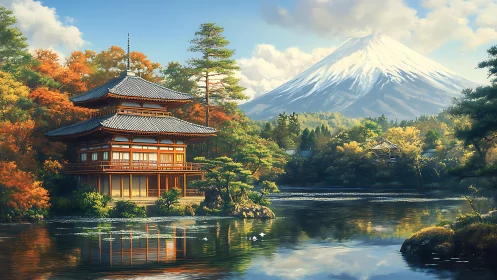 Japanese lakeside temple under Mount Fuji in autumn light.