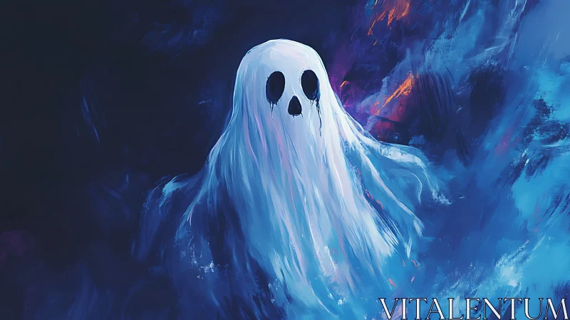 Blue ghost figure floating in dark swirling mist.