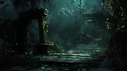 Jungle temple ruins sit in dim green light beneath foliage