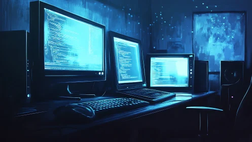 Triple monitor programming workstation glows in blue light