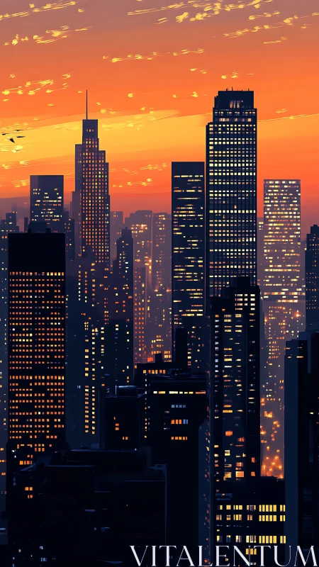 Digital painting of high-rise city skyline at sunset glow.
