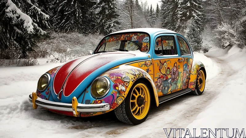 Photorealistic custom Beetle with pop art livery in snowbound forest.