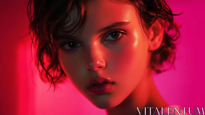 Neon portrait highlights glossy skin under vivid pink light.