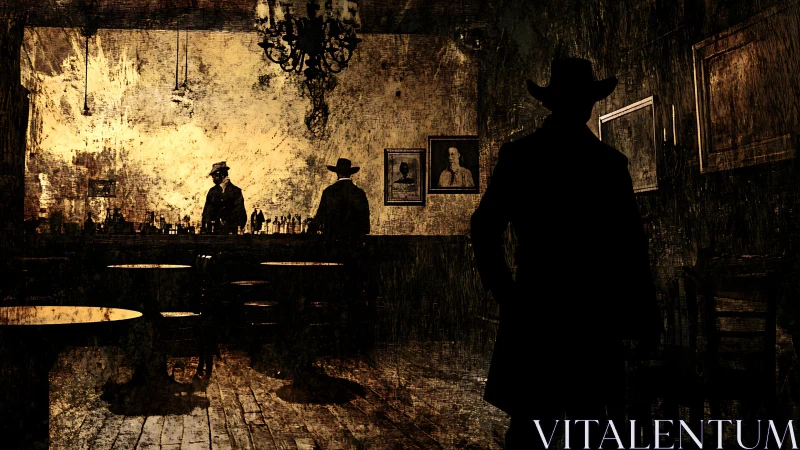 Silhouetted cowboys inhabit dim sepia-toned frontier saloon.
