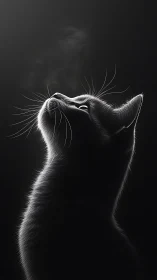 Backlit feline profile in monochrome rim lighting study.
