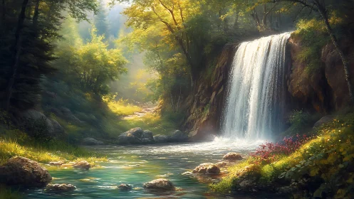 Sunlit forest waterfall cascading into clear green pool.