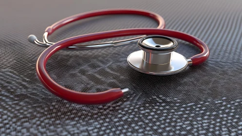 Red stethoscope on textured surface, realistic medical close-up.