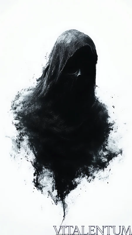 Shrouded wraith dissolving into abstract black smoke.