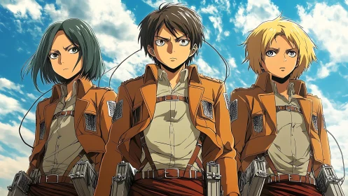 Three uniformed anime soldiers under partly cloudy sky.