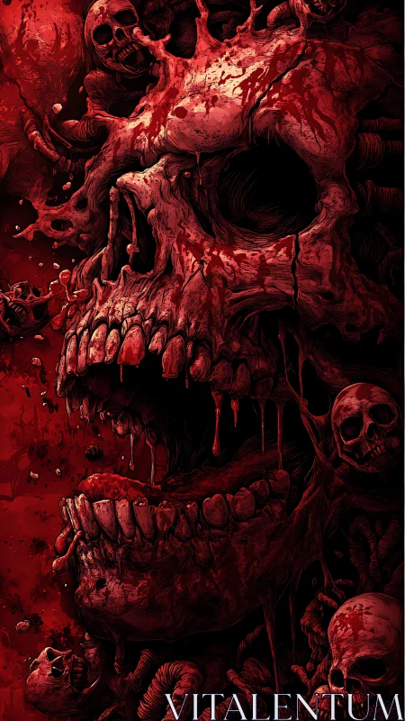 Colossal blood-soaked skull amid writhing bones and viscera.