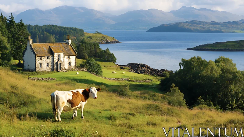 Cow stands before stone farmhouse beside tranquil loch