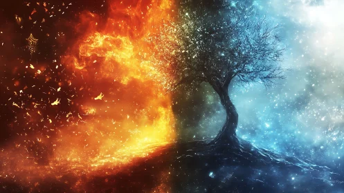 Glowing elemental tree standing between fire and frost.
