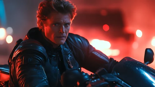 Cinematic rider in leather jacket under neon bokeh lights