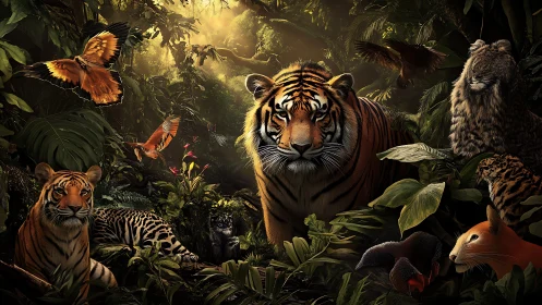 Regal tiger stands guard amid glowing jungle wildlife