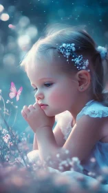 Young child rendered in soft focus with ethereal particle effects and atmospheric bokeh