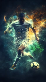 Digital soccer player surrounded by fire and smoke effects.