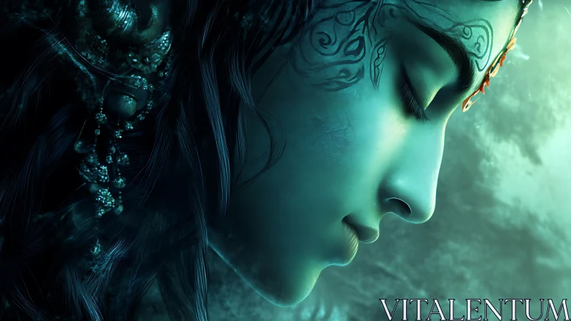 Serene teal goddess profile with flowing hair and tattoos.