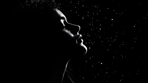 Silhouetted profile gazing into starry cosmic void.