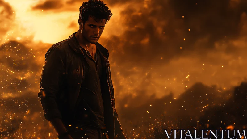 Brooding firelit wanderer strides through a storm of embers.