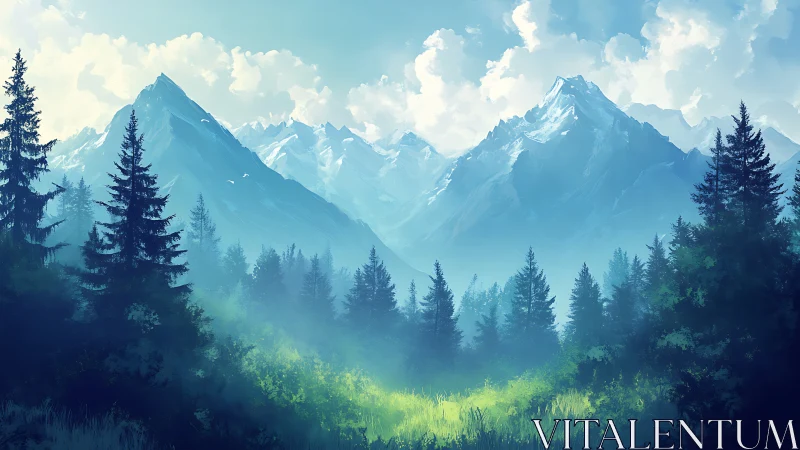 Misty alpine forest valley under towering snow peaks.