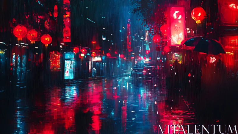 Rainy neon lit city street with red lanterns at night.