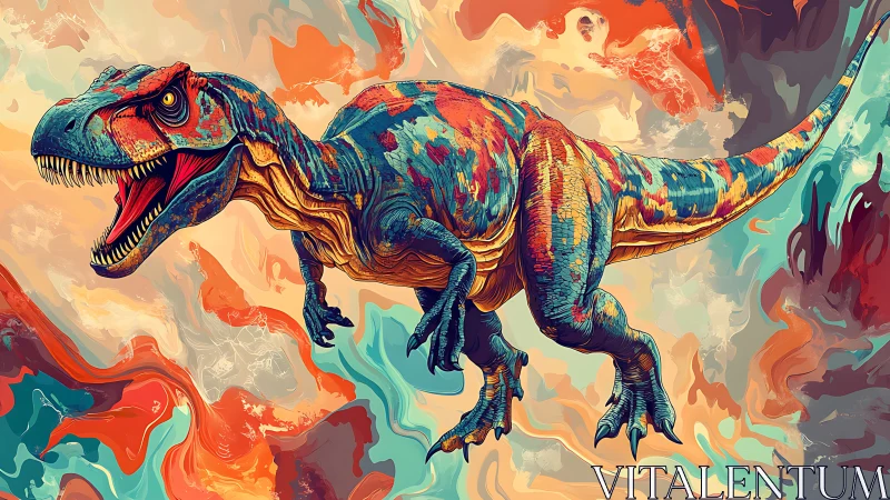 Color-splashed dinosaur strides through a wildly painted world.