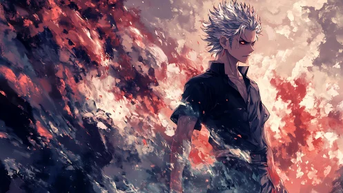 Silver haired anime fighter amid explosive crimson energy storm