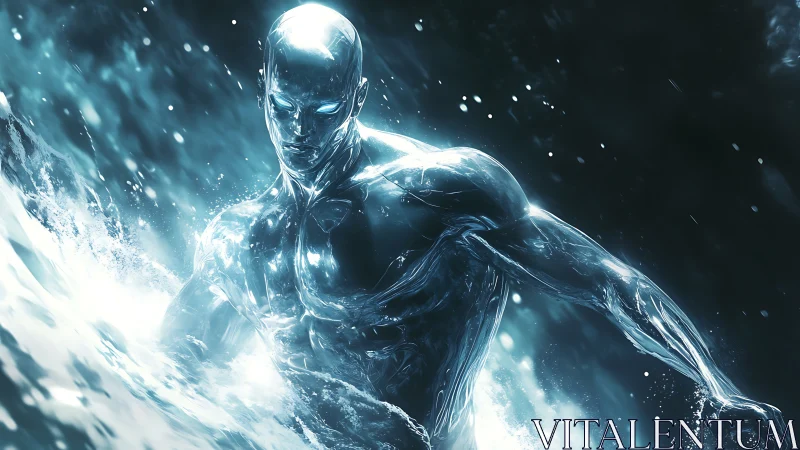 Shimmering silver guardian rides a luminous cosmic wave