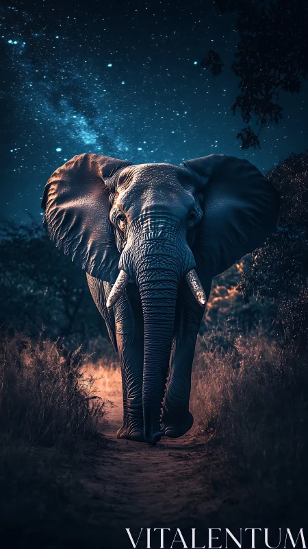 Nocturnal elephant portrait under star-filled African sky.