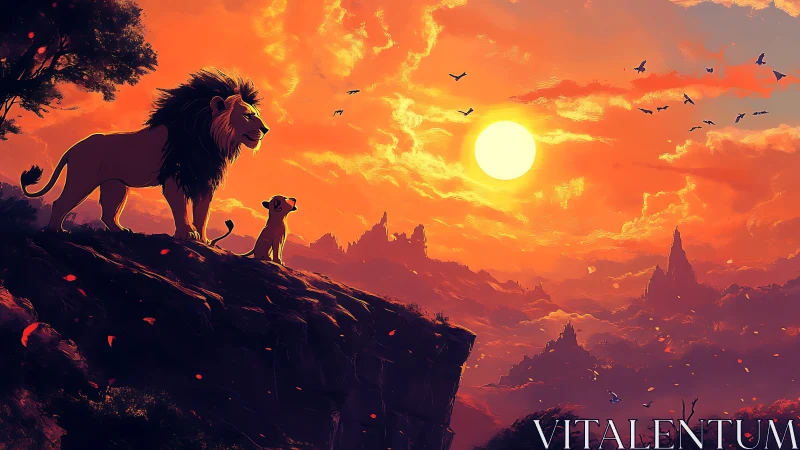 Majestic Pride Overlooking Golden Kingdom at Sunset.