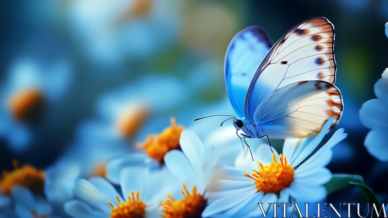 Macro study of blue butterfly on daisies in cool bokeh field