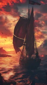 Sunlit sailing voyage under glowing crimson skies.