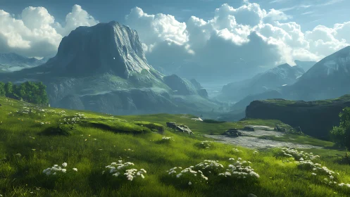 Sunlit alpine valley renders atmospheric depth and clarity