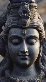 Serene stone deity portrait glows in warm directional light