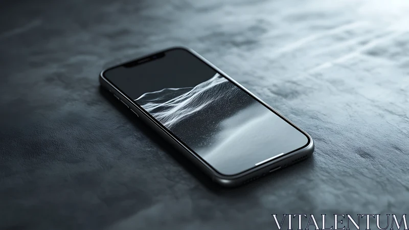 Modern smartphone displays ethereal water wave on dark textured surface.