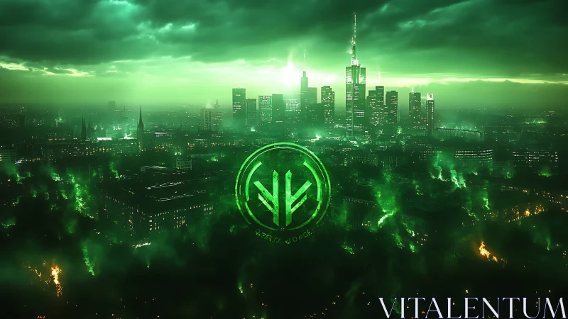 Emerald city skyline glowing with mysterious digital energy.