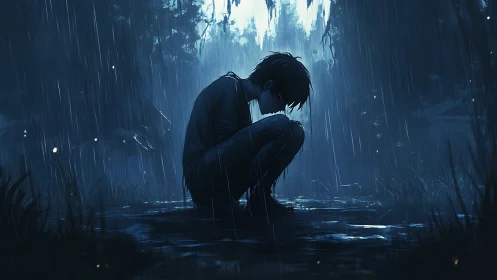 Moody anime silhouette crouched in rain-soaked forest clearing.