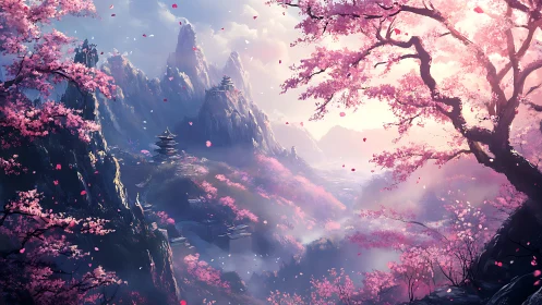 Cherry blossom valley surrounds misty temples at sunrise.