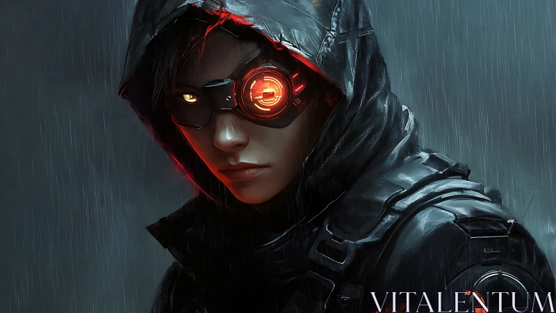 Cyberpunk scout in hooded armor studies stormy night