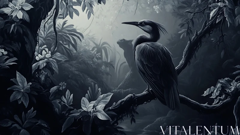 Heron rests on branch within misty monochrome jungle