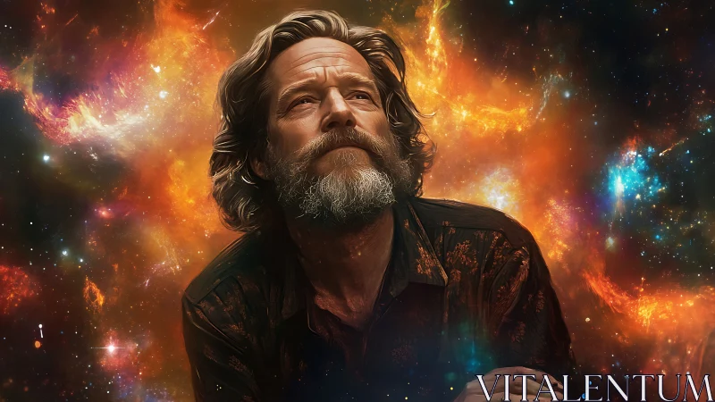 Bearded dreamer gazing into glowing cosmic wonderlands.