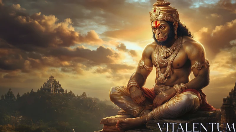Serene monkey warrior resting above golden temple valleys.