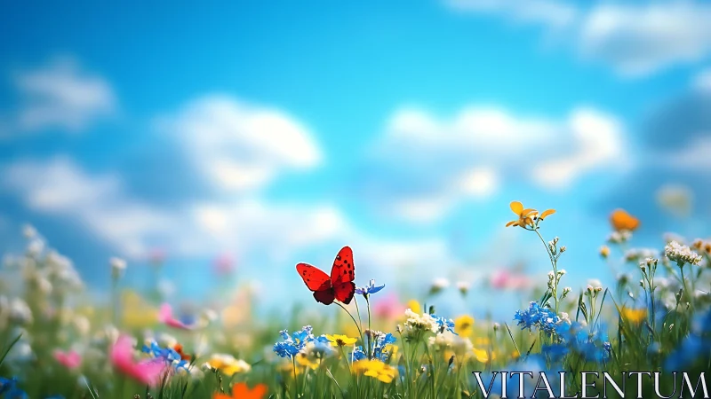 Red butterfly above wildflower meadow under blue sky.