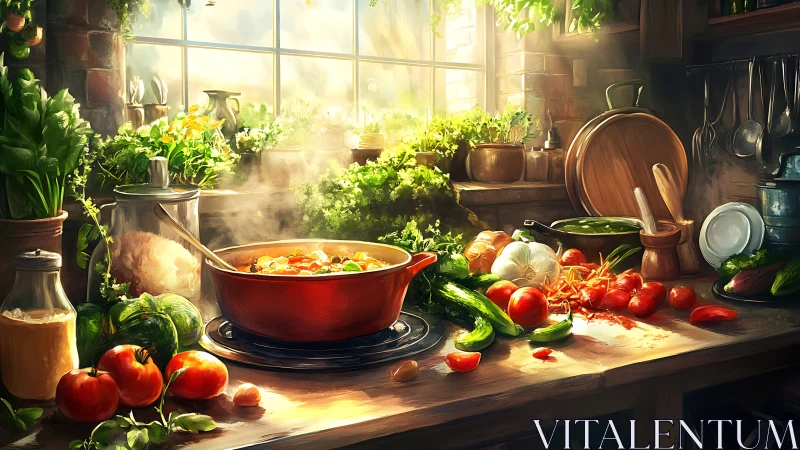 Sunlit rustic kitchen simmering with vibrant garden harvest.