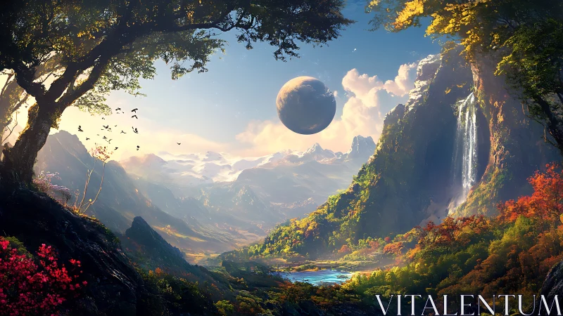 Twin-moon valley dreams beneath cascading crystal waterfalls.