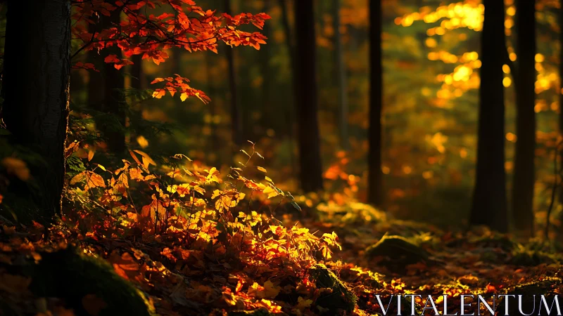 Autumn Forest Floor with Golden Light Filtering Through Trees.