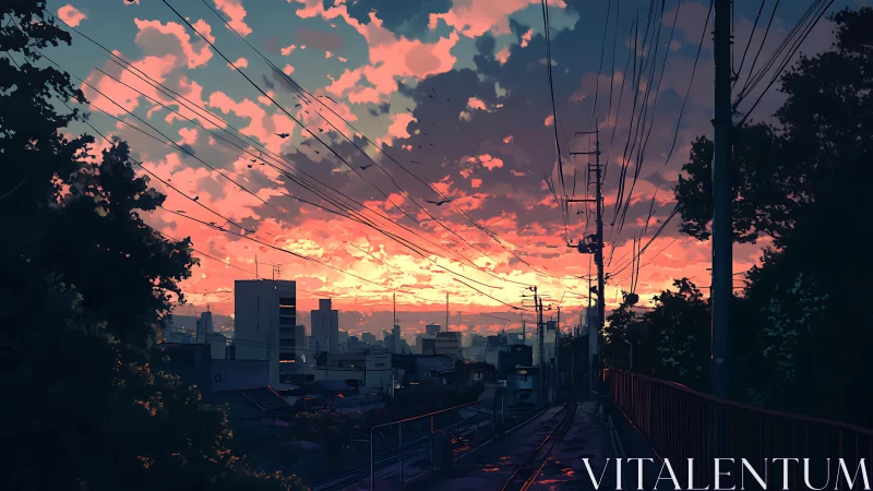 Urban skyline and power lines intersect against evening sky