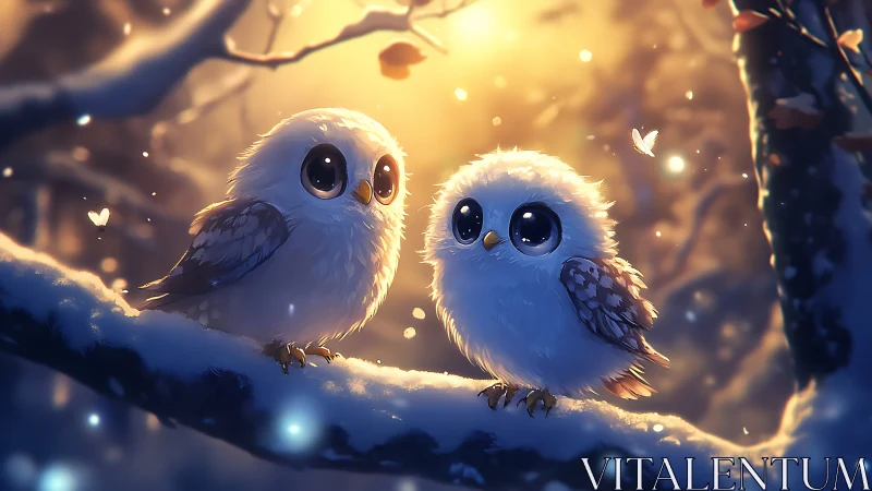 Two adorable baby owls on snowy branch in magical, glowing forest.