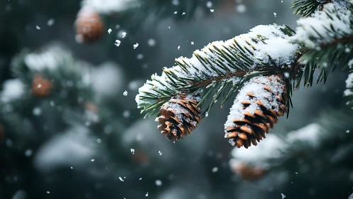 Snow covered pine branch with cones in shallow depth of field.