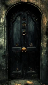 Ancient black wooden door gleams with ornate golden hardware.